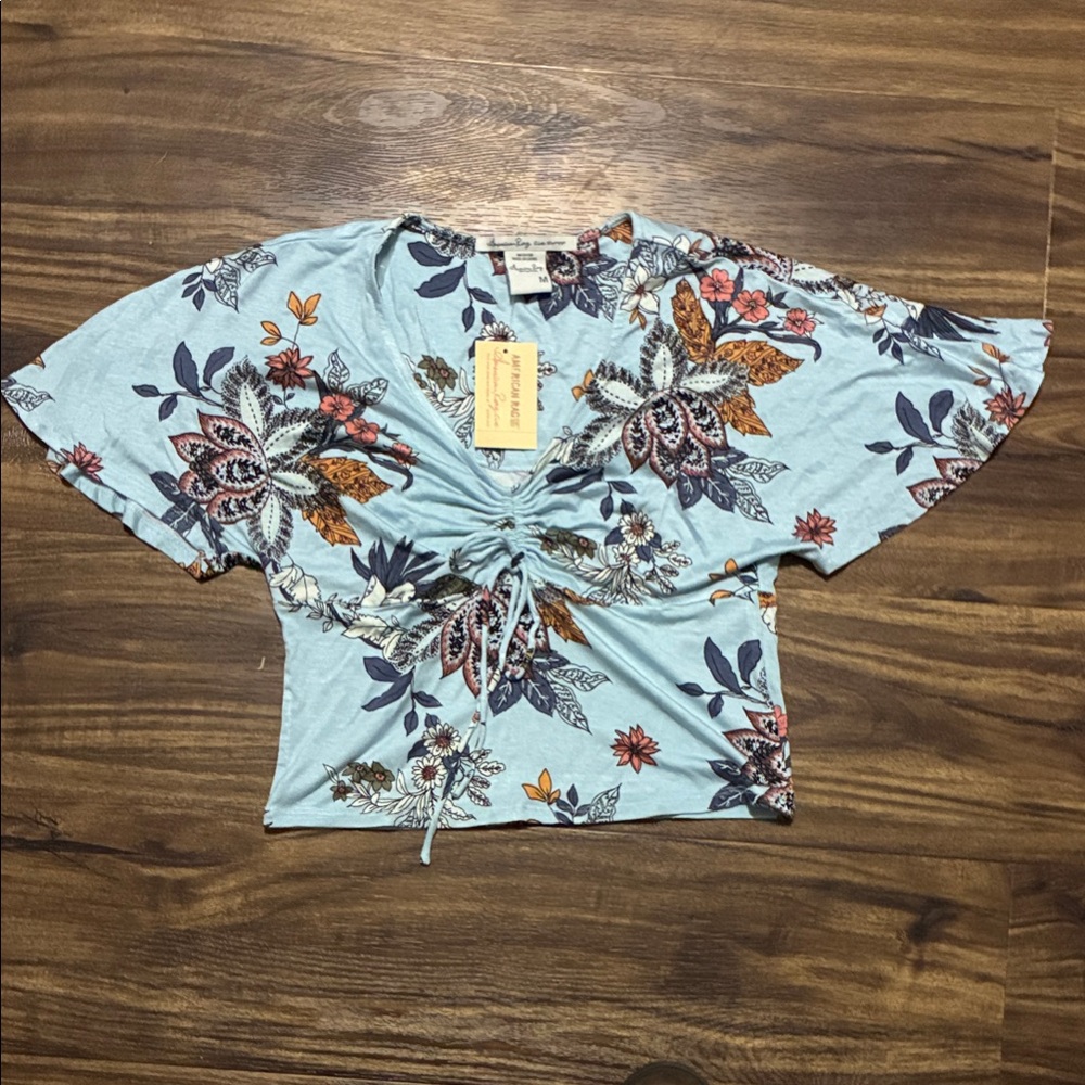 American Rag Light Blue Floral Ruched V-Neck Crop Top